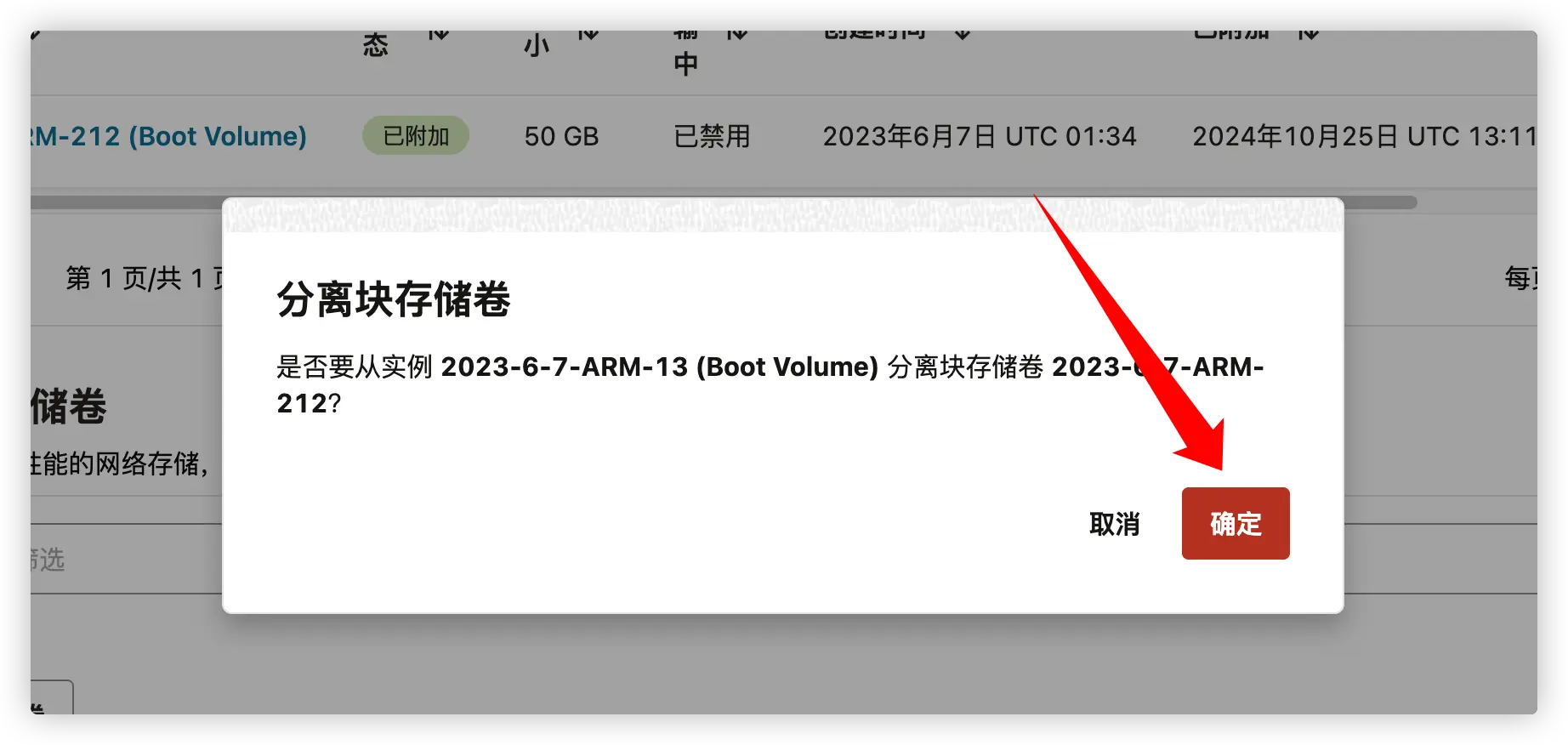 图 5.1 分离块存储卷确认页面